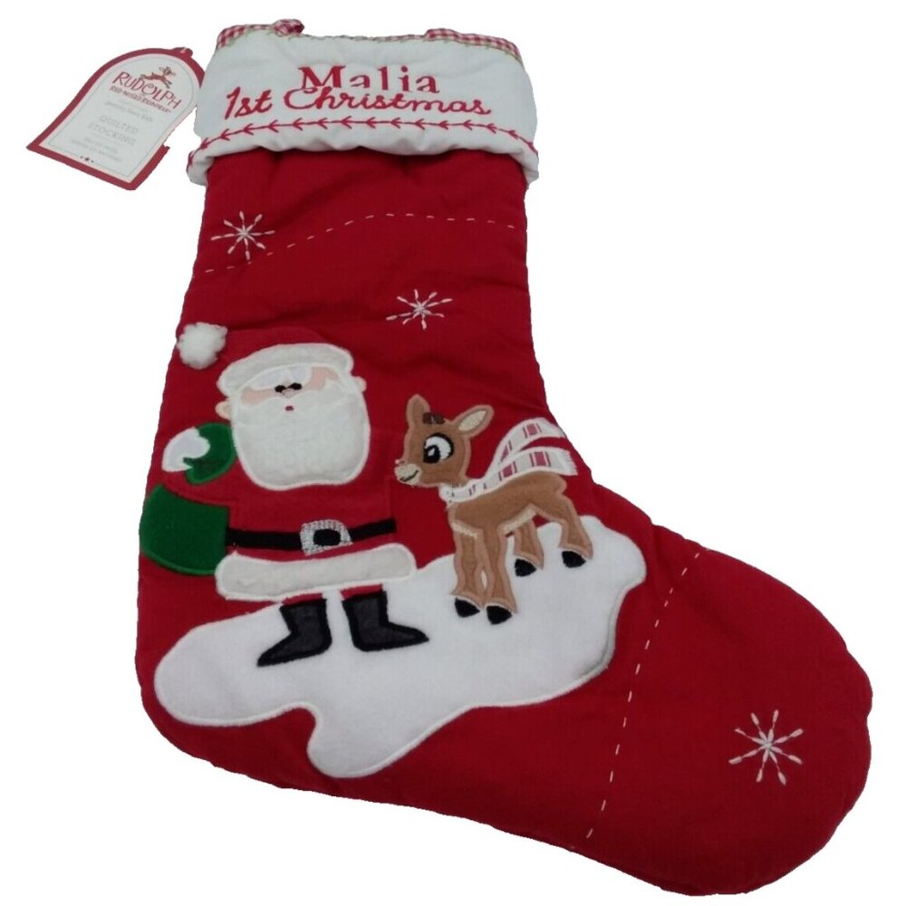 Pottery Barn Kids Stocking 1st Christmas Baby Malia Santa Rudolph Holiday Red